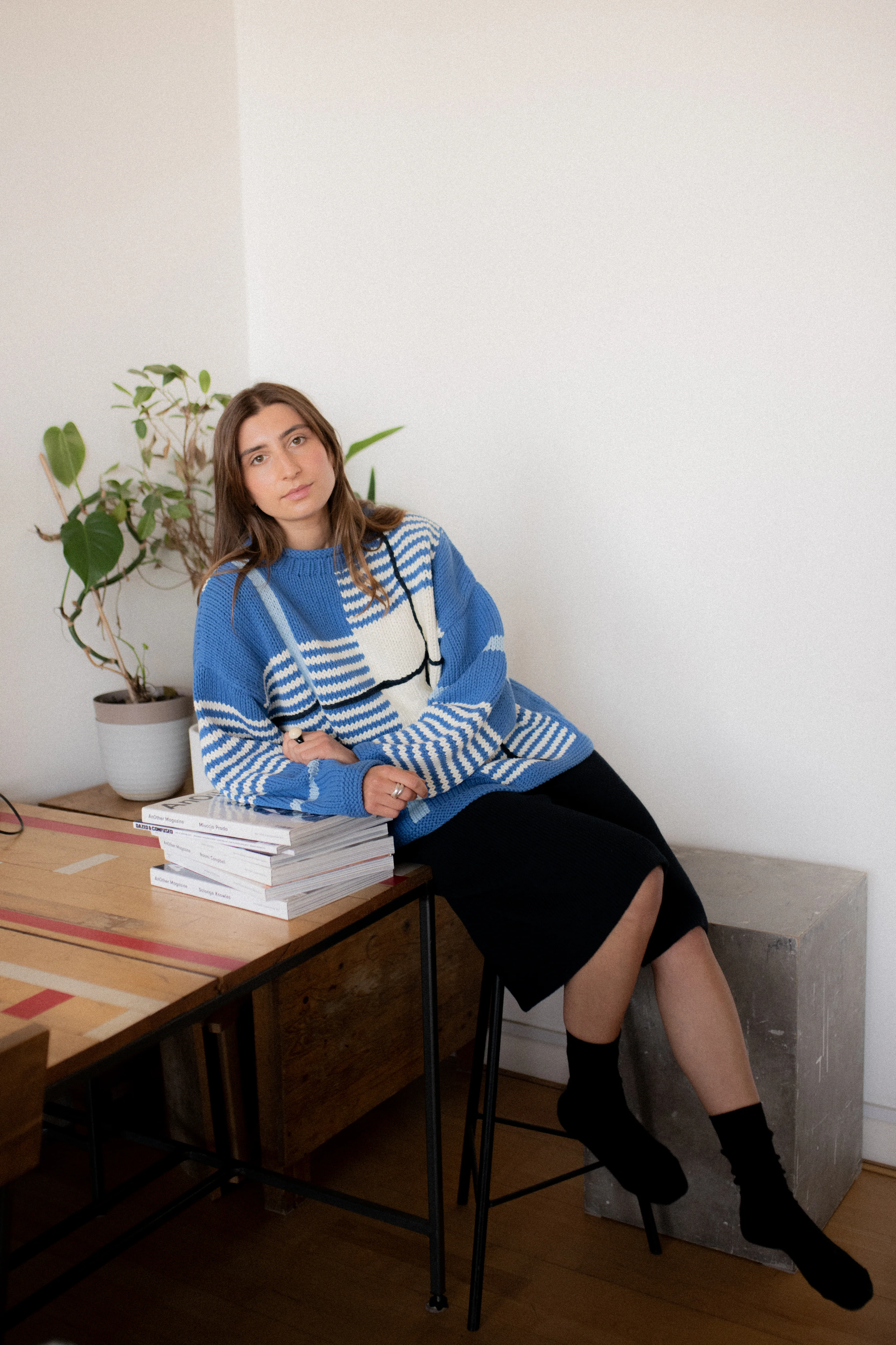 Checked Handknit Jumper - Blue - Image 3