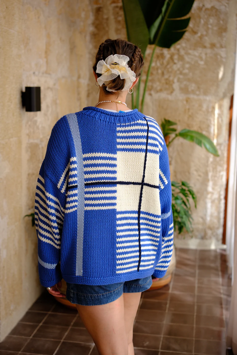 Checked Handknit Jumper - Blue - Image 4