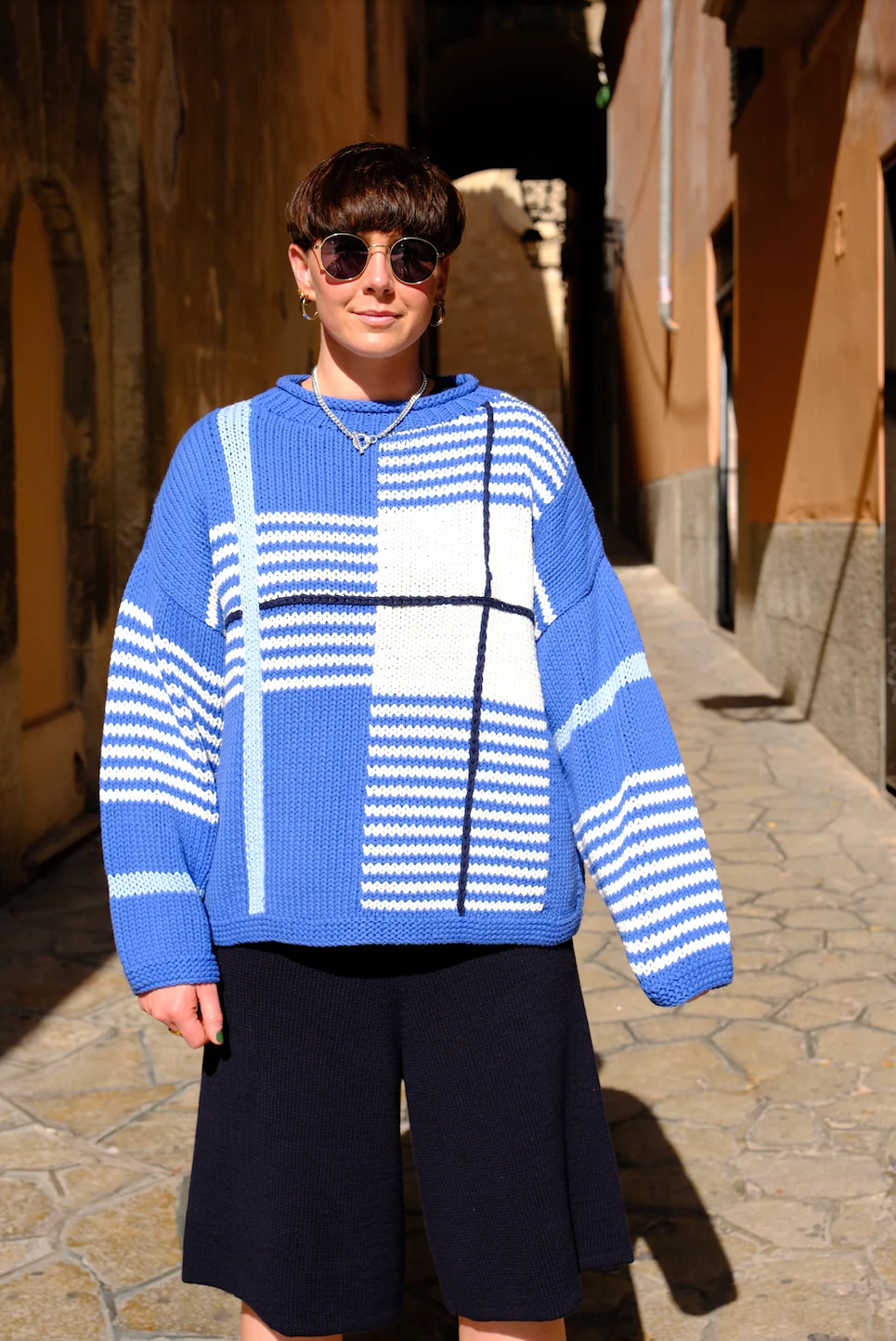 Checked Handknit Jumper - Blue - Image 6