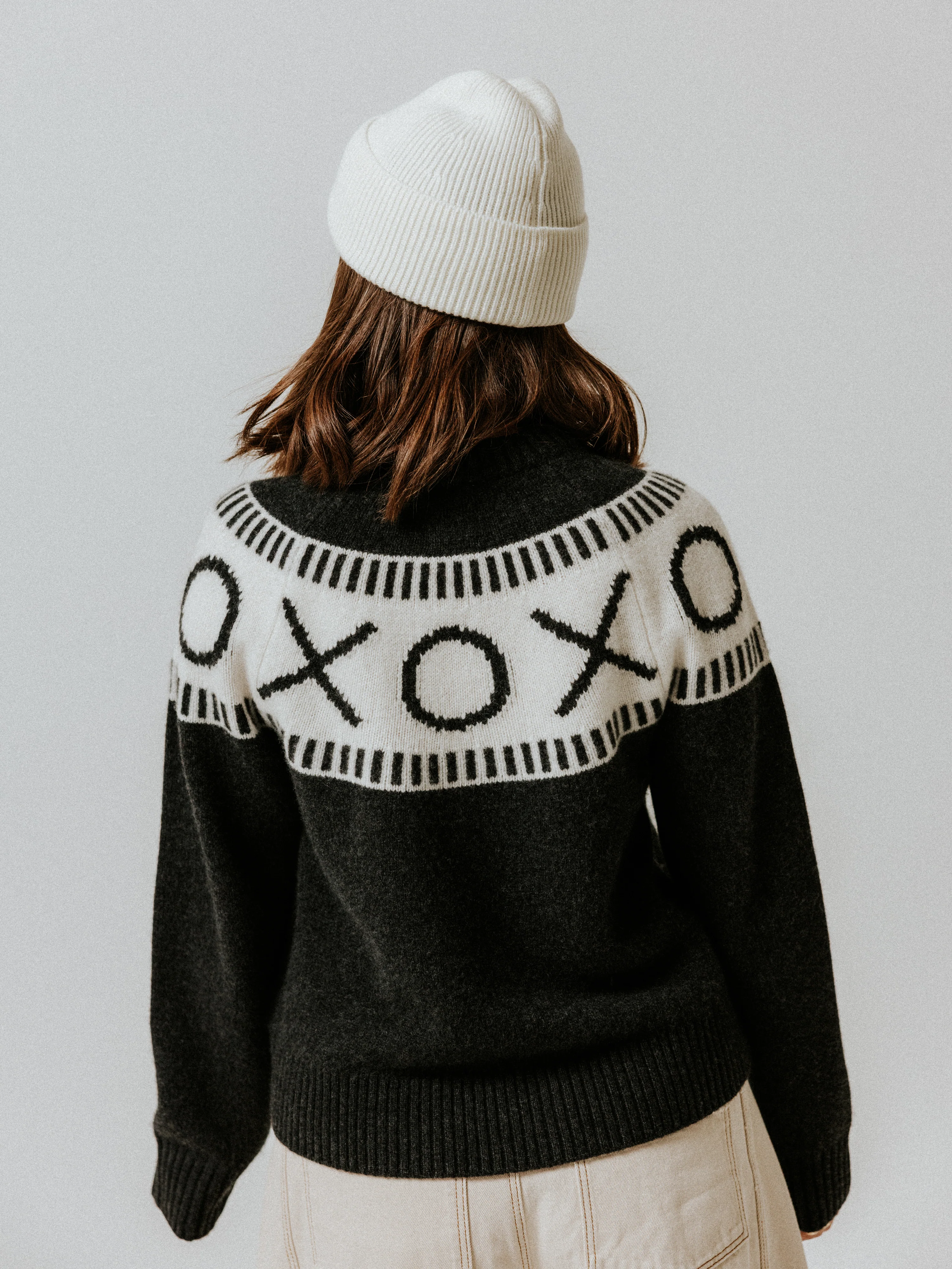 XOXO Merino Wool Yoke Fair Isle Jumper - Black Marl/Cream - Image 2