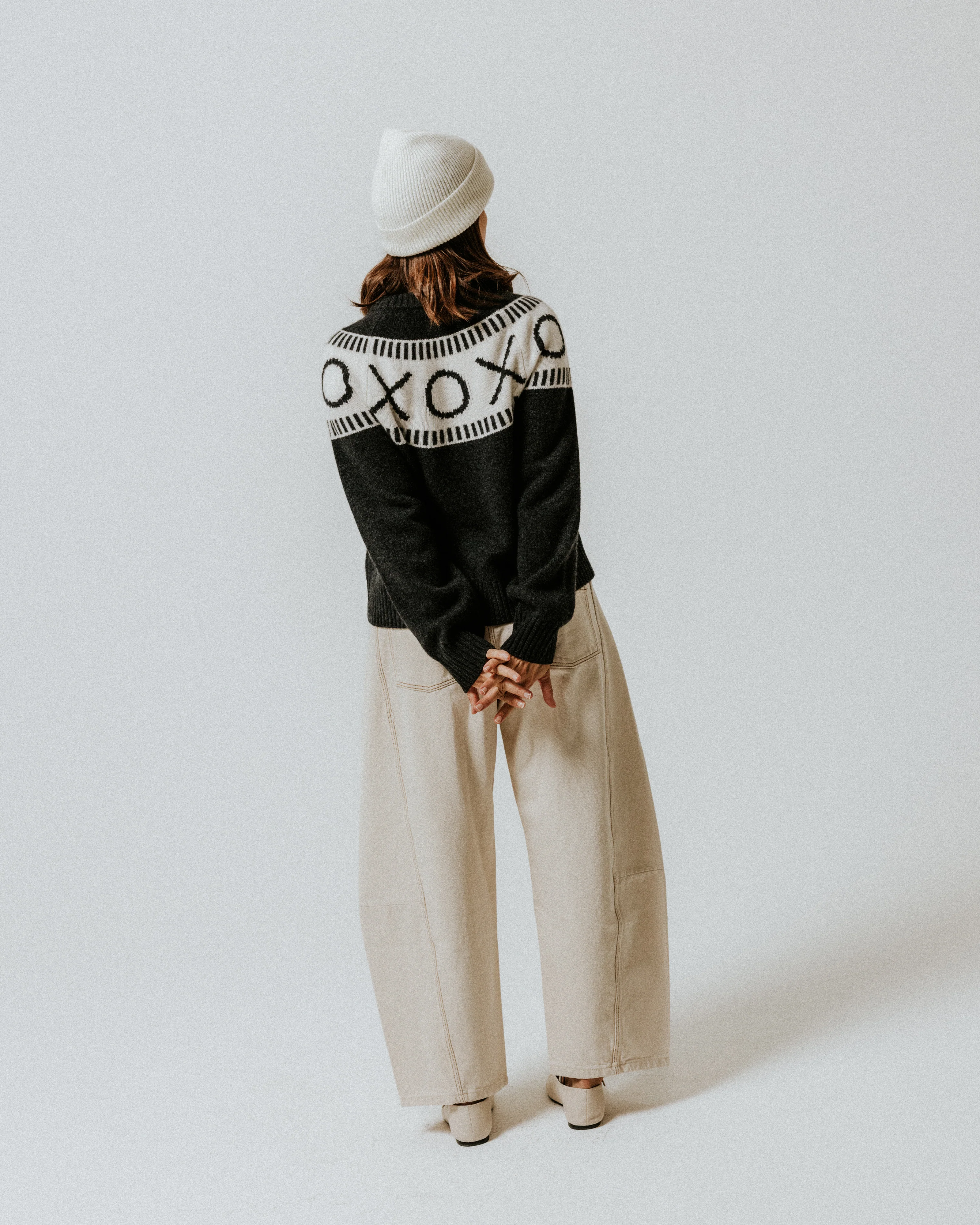 XOXO Merino Wool Yoke Fair Isle Jumper - Black Marl/Cream - Image 3